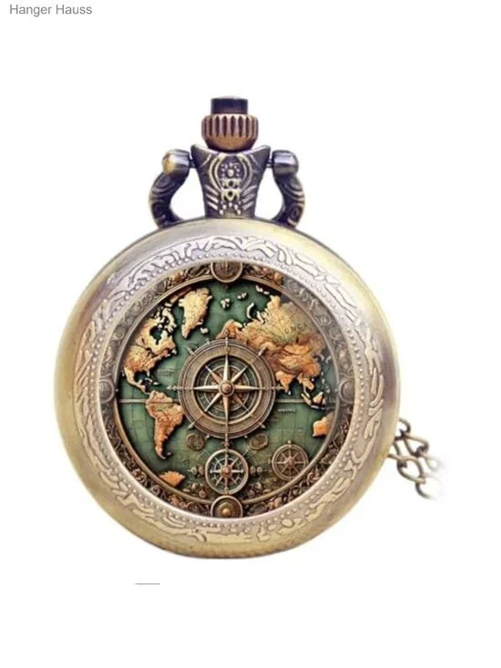 Vintage Graphic Glass Dome Pocket Watch with Chain