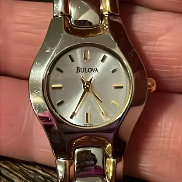Bulova Ladies Watch Two-Tone Bracelet White Dial Gold Markers 98t64
