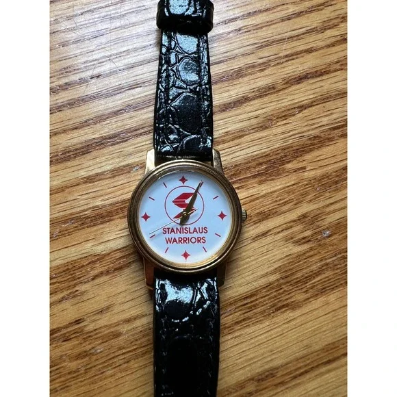 Vintage Stanislaus Warriors Image Watch Gold Tone Black Leather Strap USA Made