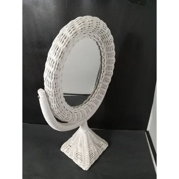 Vintage White Wicker Rattan Tabletop Oval Swivel Vanity Mirror Boho Shabby Chic