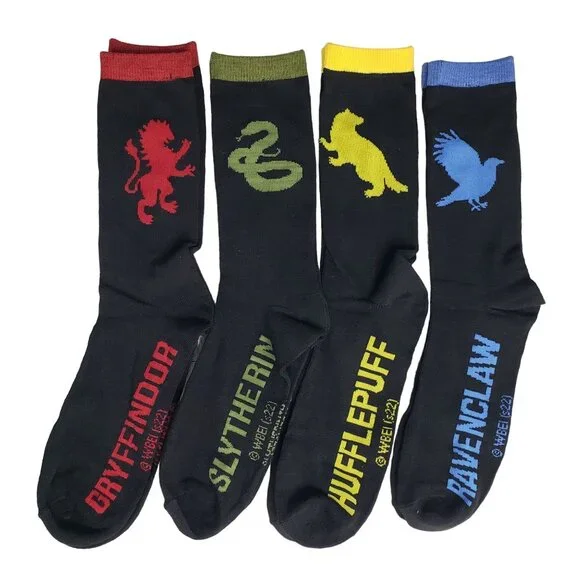 Harry Potter Crew Socks Gryffindor Slytherin Hufflepuff Ravenclaw 4-Pack Sz 6-12
