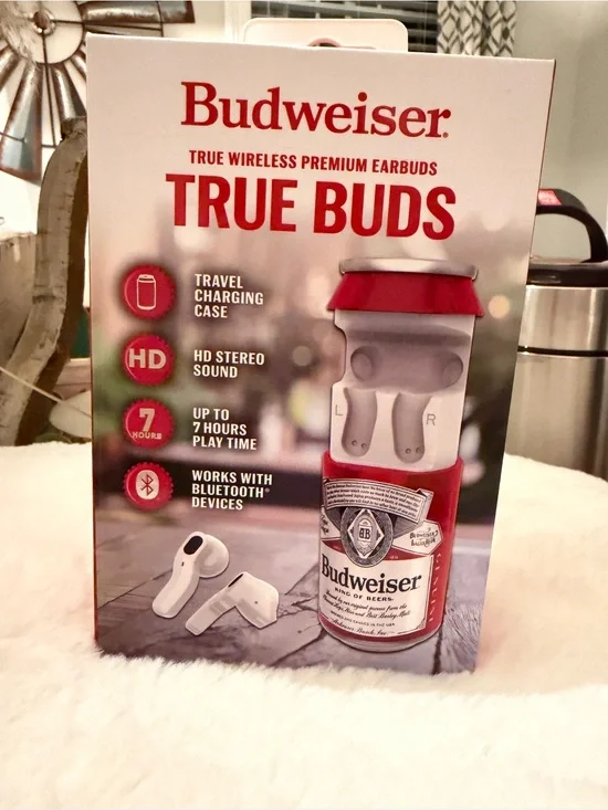 Budweiser True Buds Wireless Earbuds in Red and White Packaging