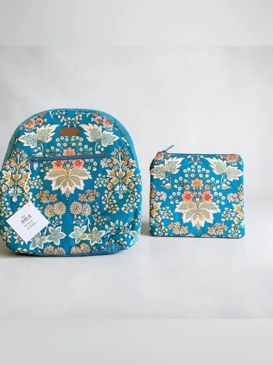 Maison d’Hermine Floral Marquise Blue Quilted Backpack with Matching Pouch.
