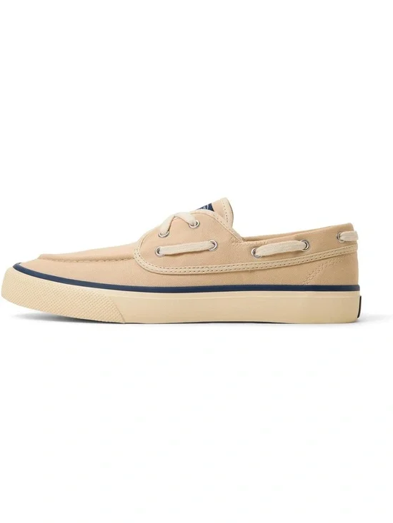 Sperry Beige Canvas Boat Shoe with Navy Stripe