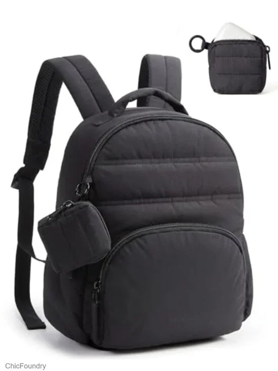 Puffer Mini Backpack with Detachable Pouch, Lightweight Purse, Laptop