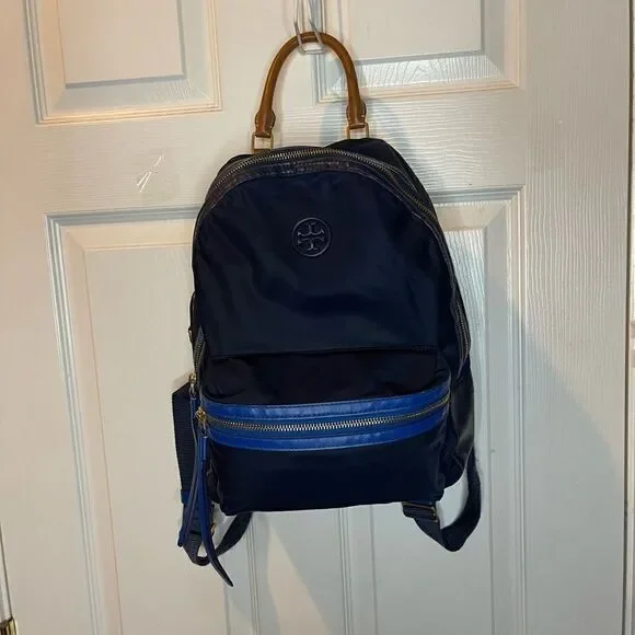 Tory Burch Perry Navy Blue Nylon small backpack royal blue leather trim .