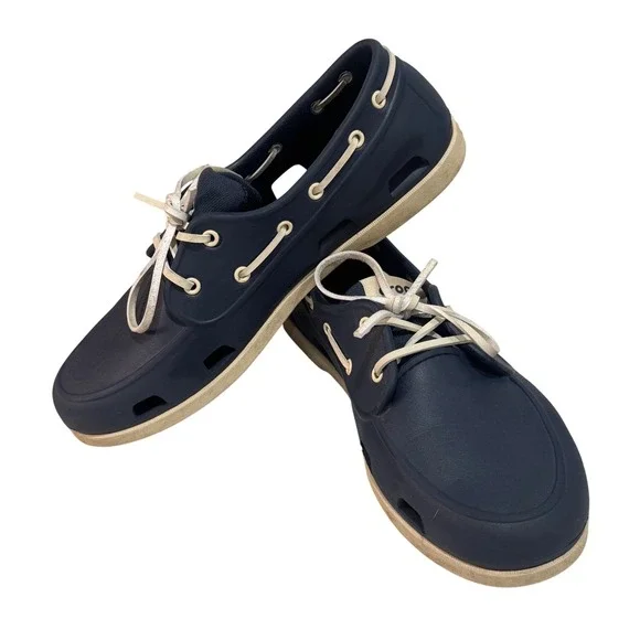 Crocs Beach Line Boat Shoe Mens 11 Navy Blue White 206338 Nautical Casual