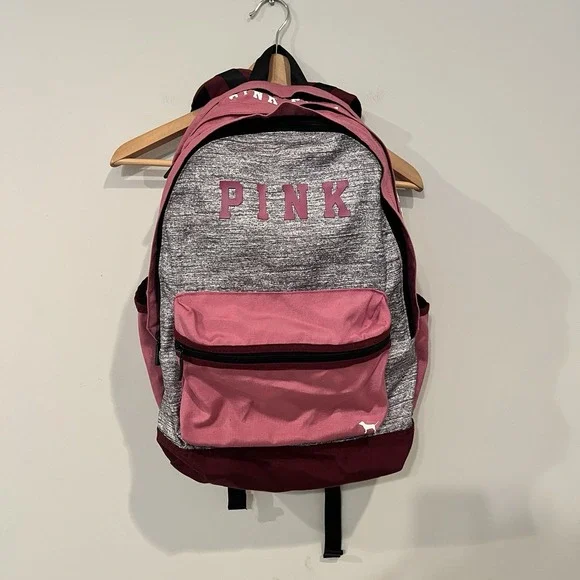 PINK Logo Backpack Pink/Gray/Burgundy Zip Front Pocket Adjustable Straps
