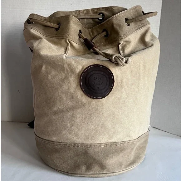 Life is Good Canvas Bucket Backpack Khaki Cotton Leather Trim Drawstring Bag