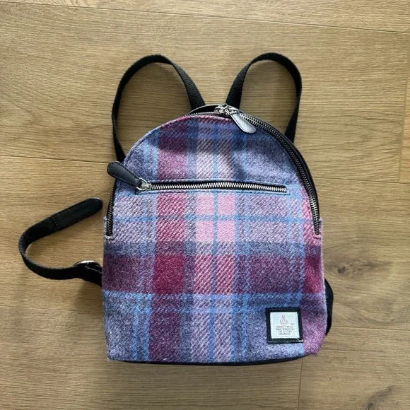 Harris Tweed & PU Leather Ladies Backpack Pastel Pink Blue Purple Tartan Check