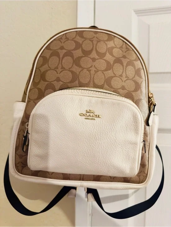 Coach Tan Signature Canvas Backpack with White Leather Front Pocket
