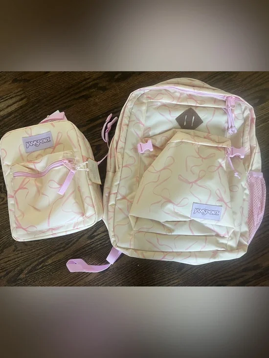 Jansport Cream Backpack with Pink Ribbon Print and Pouch