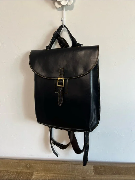 Classic Black Leather Travel Backpack with Brass Buckle Womens