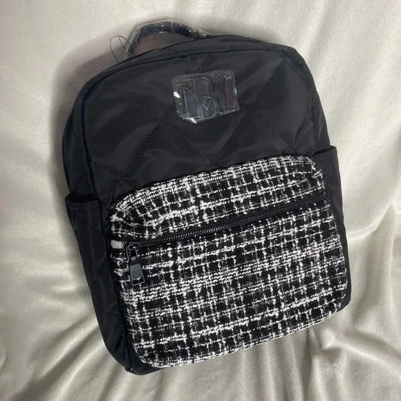 BADGLEY MISCHKA Black NWT Computer Backpack‎ Bag Nylon Wool Plaid Tweed