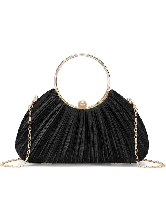 Women's Z-black Satin Pleated Top Handle Clutch Purse For Elegant Evening Bag