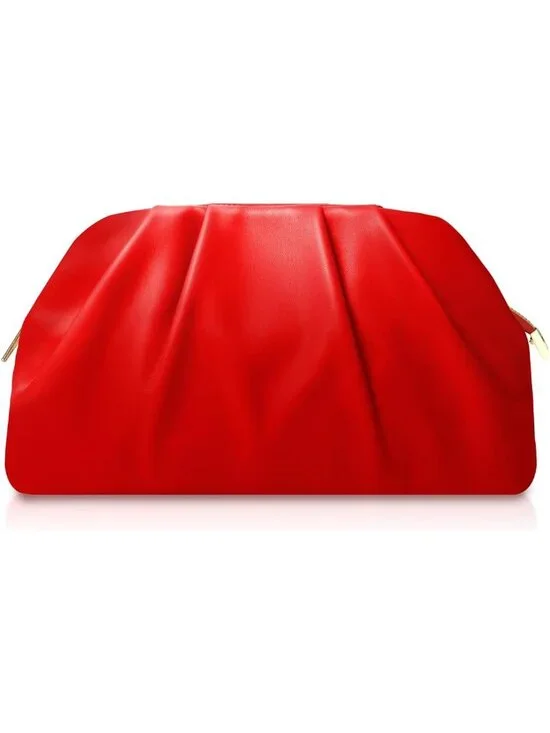 👜Women's Red Soft Pleated PU Wedding Elegant Evening Clutch Party Purse Bag