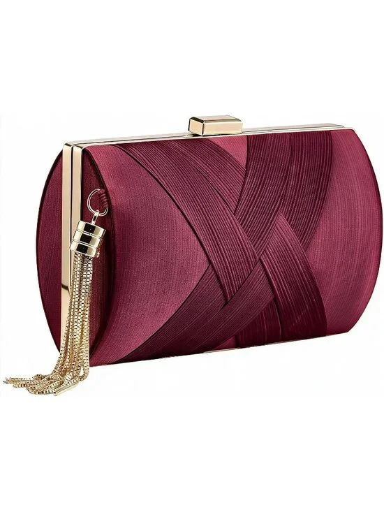 Women's Claret Silk Satin Clutch Purse Pearl Tassel With Chain Evening Bag