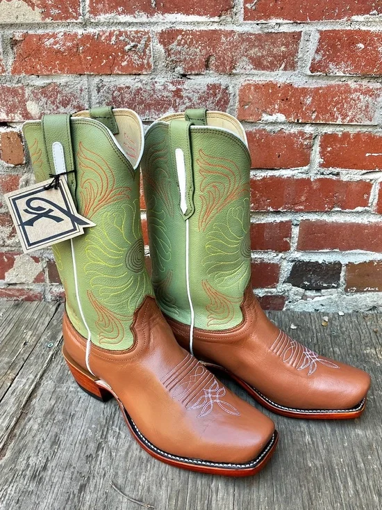 Men's Green & Brown Leather Western Boots with Embroidered Shaft