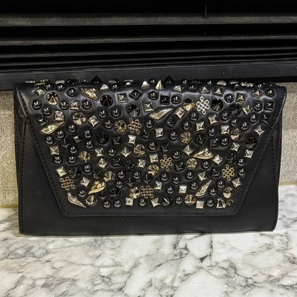 DIANE VON FURSTENBERG‎ Black Leather Crazy Metallic Studded Clutch Purse