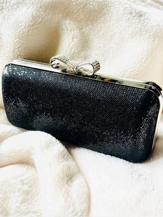 LuLu Townsend Sparkling Black Rhinestone Bow Clutch for Women Silver Chain
