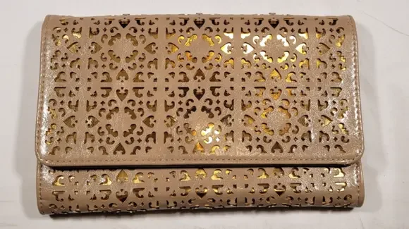 Expressions NYC Beige with Gold Cutouts Clutch Purse with Crossbody Length Chain