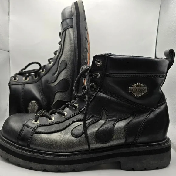 Harley Davidson Mens Black Leather Flame Boots Lace Up Biker 94096 Size 12