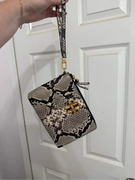 Tory Burch Snake-Print Wristlet in Black and Cream with Gold Logo