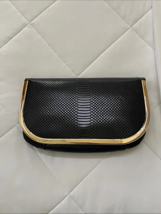 Banana Republic Black Snake-Embossed Clutch with Gold Trim