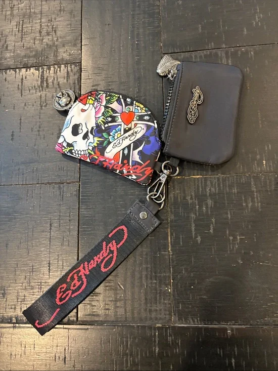 Ed Hardy Black Wrist Strap Coin Pouch Set with Multicolor Skull Accent