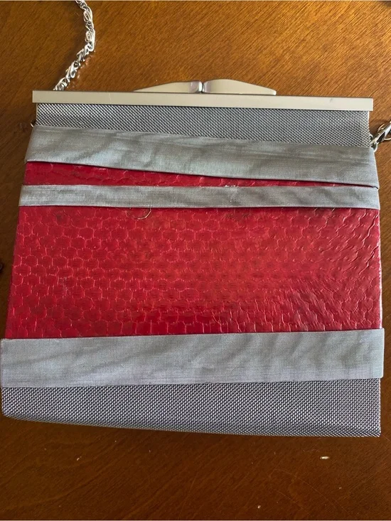 Bos Art studio Red snakeskin and Silver/gray mesh Evening Clutch Bag