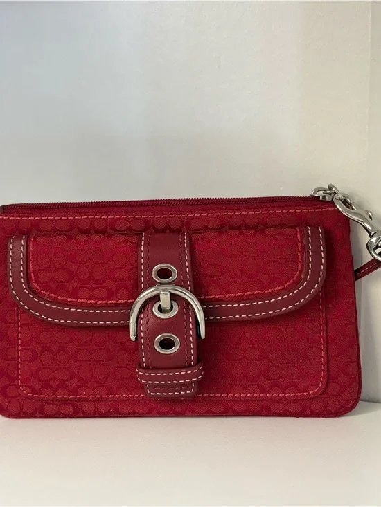 Coach Red Signature Canvas Wristlet with Silver Buckle