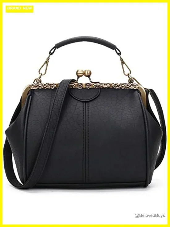 Vintage Hollow Faux Leather Shoulder Bag Kiss Lock Closure Crossbody Purse
