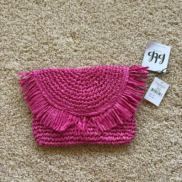 BTB Los Angeles Women's Pink Straw‎ Riley Fringe Clutch Purse Bag