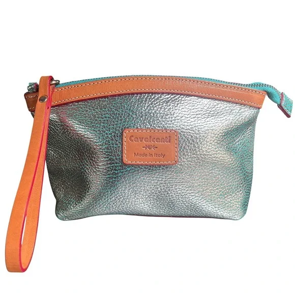 Cavalcanti Silver Metallic Leather Wristlet Pouch Made in Italy‎ Turquoise Tan