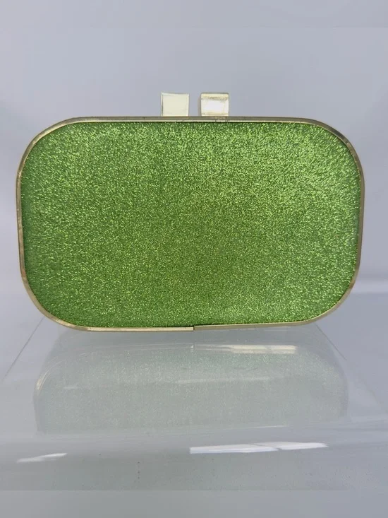 Mini Green Glitter Clutch Bag Oval Metallic Box Style Kiss-Lock Evening Bag