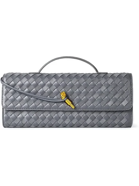Women Slate Gray Leather Suede Woven Clutch Purse For Evening Crossbody Bag