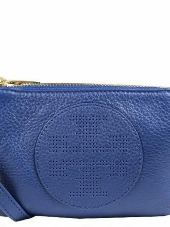 Tory Burch Kipp Small Blue Nile Perforated Logo Leather Crossbody Bag