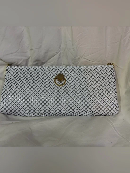 White Sequin Mesh Clutch with Gold Ring Accent