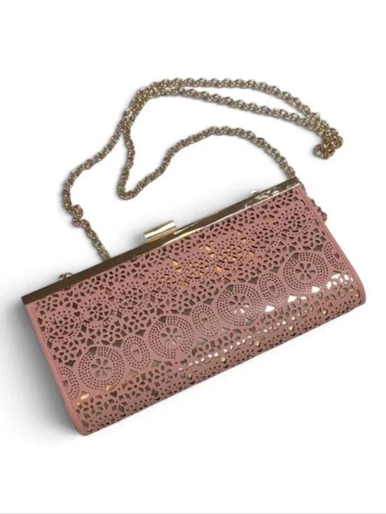 Jessica McClintock, Salmon Color Laser Cut Filigree Purse With Gold Background