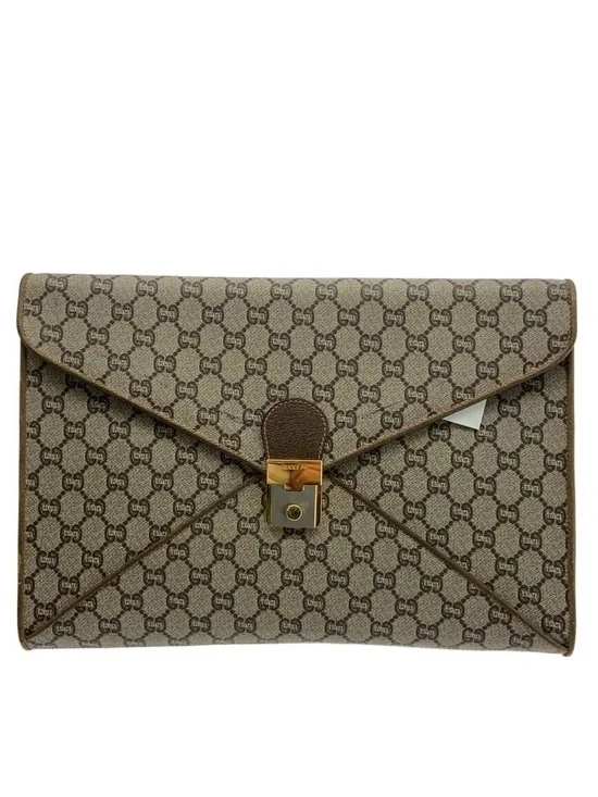 Gucci Plus Brown/Beige Envelope Clutch/Portfolio with Gold-Tone Lock