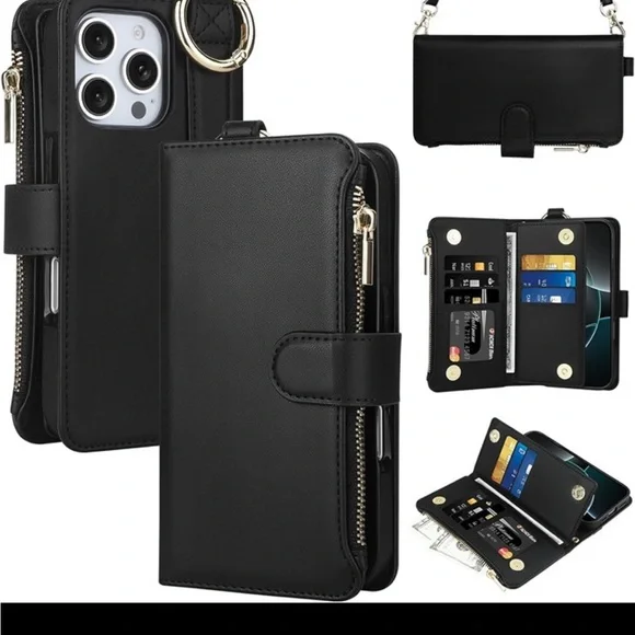 iPhone 16 Pro Case with Card Holder Crossbody Strap Leather Flip Case wallet NEW