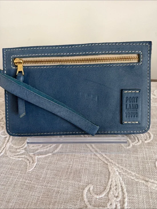 Portland Leather Goods Navy Blue Leather Wristlet Wallet with Gold Zip