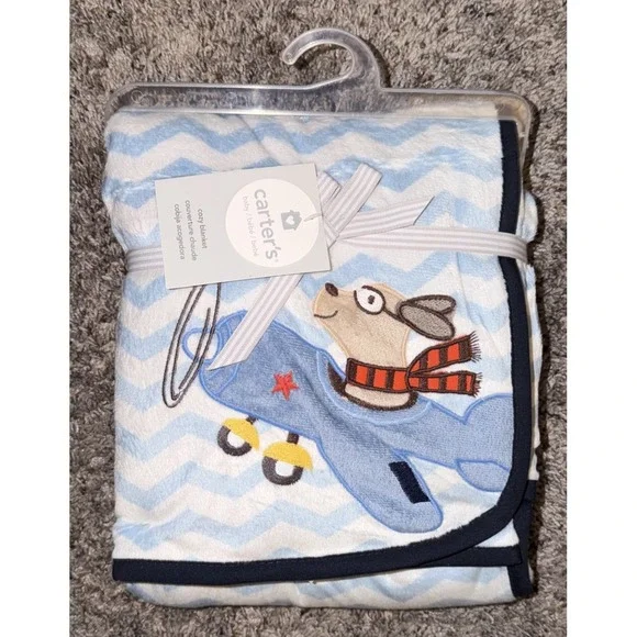 Carter's Baby Blanket  Aviator Puppy Plane Chevron Stripes Blue Brown 2013