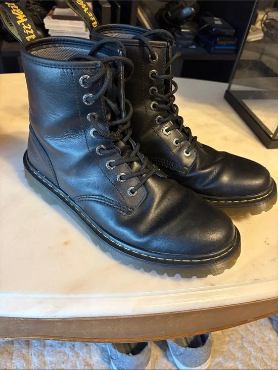 Dr. Martens Black Leather 8-Eye Lace-Up Boots with Yellow Stitching