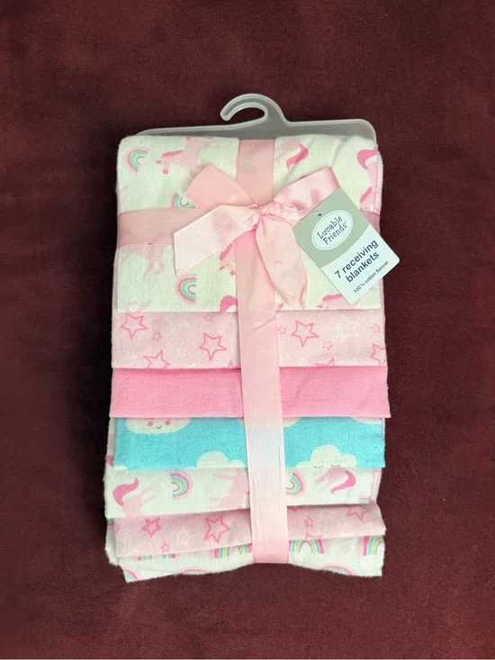 Luvable Friends 7-Pack Cotton Receiving Blankets Unicorn Rainbow Stars Pink/Blue