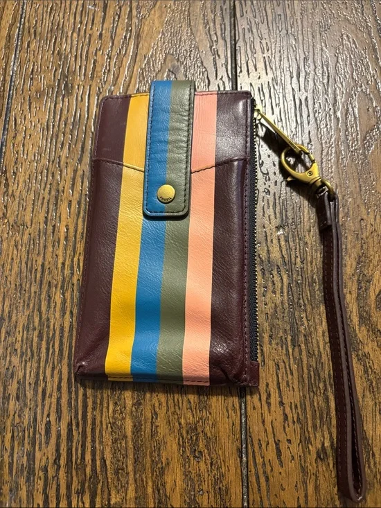 Fossil Burgundy Leather Wristlet Clutch with Yellow, Blue, Green & Pink Stripes