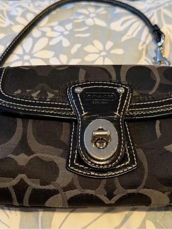Coach Black Signature Turnlock Wristlet with Leather Trim