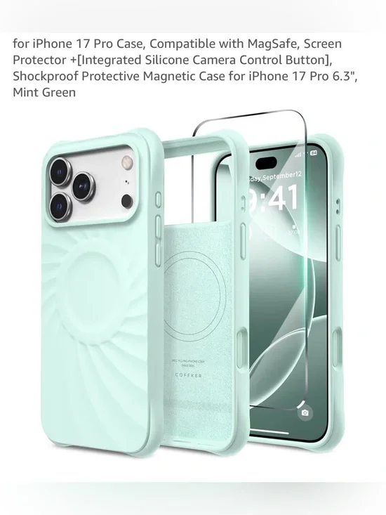 Mint Green iPhone 17 Pro Magnetic Silicone Case with Screen Protector NEW