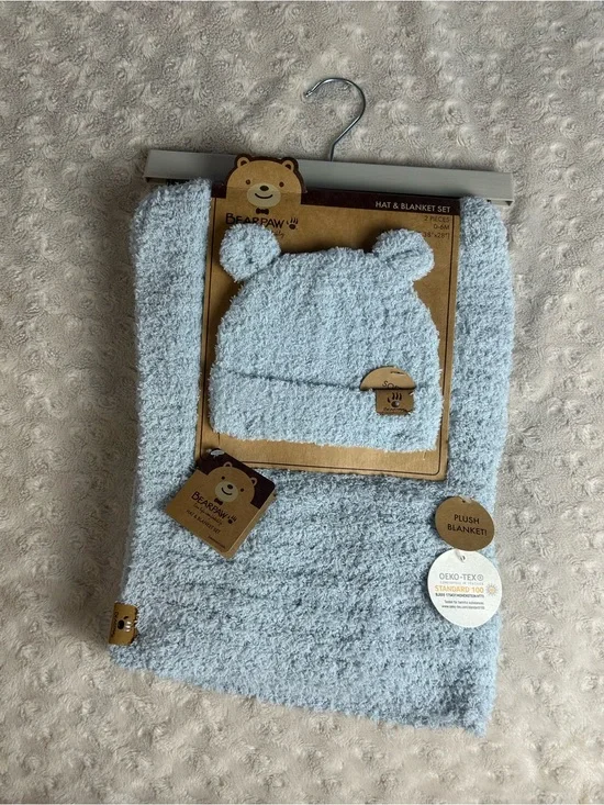 Bearpaw Blue Baby Blanket & Hat Set Chenille Sweater Knit Soft Cozy Ribbed