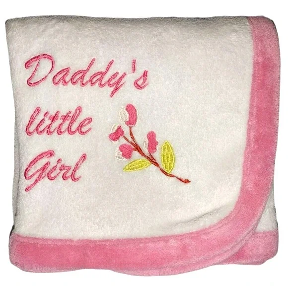 Daddy's Little Girl White Pink Trim Flower Fleece Baby Blanket‎ Lovey Soft HTF
